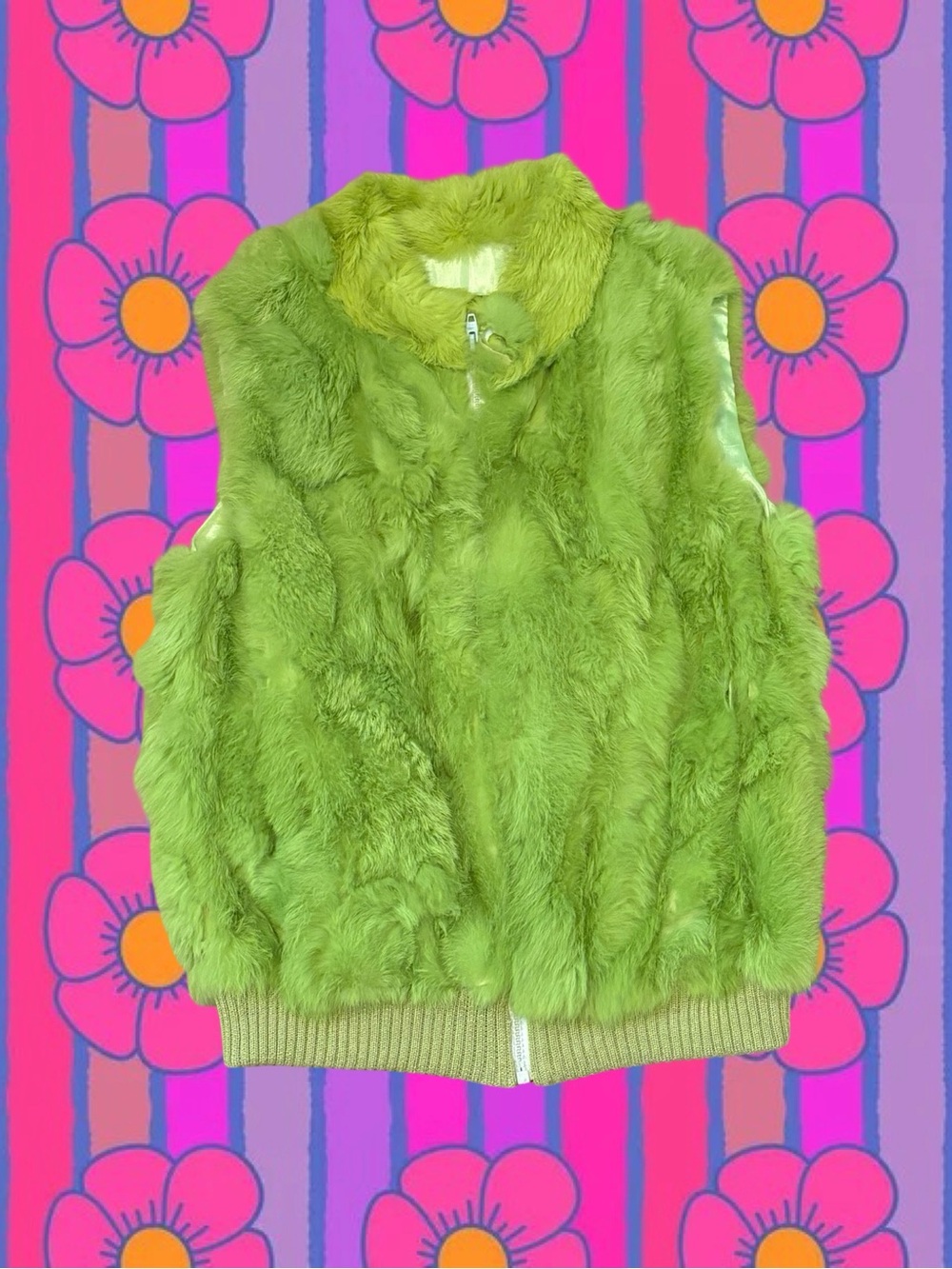Vintage Lime Green Plush Rabbit Fur Vest